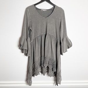 Indigo Thread Co. L Crochet Long Bell Sleeve Scoop Neck Babydoll Dress